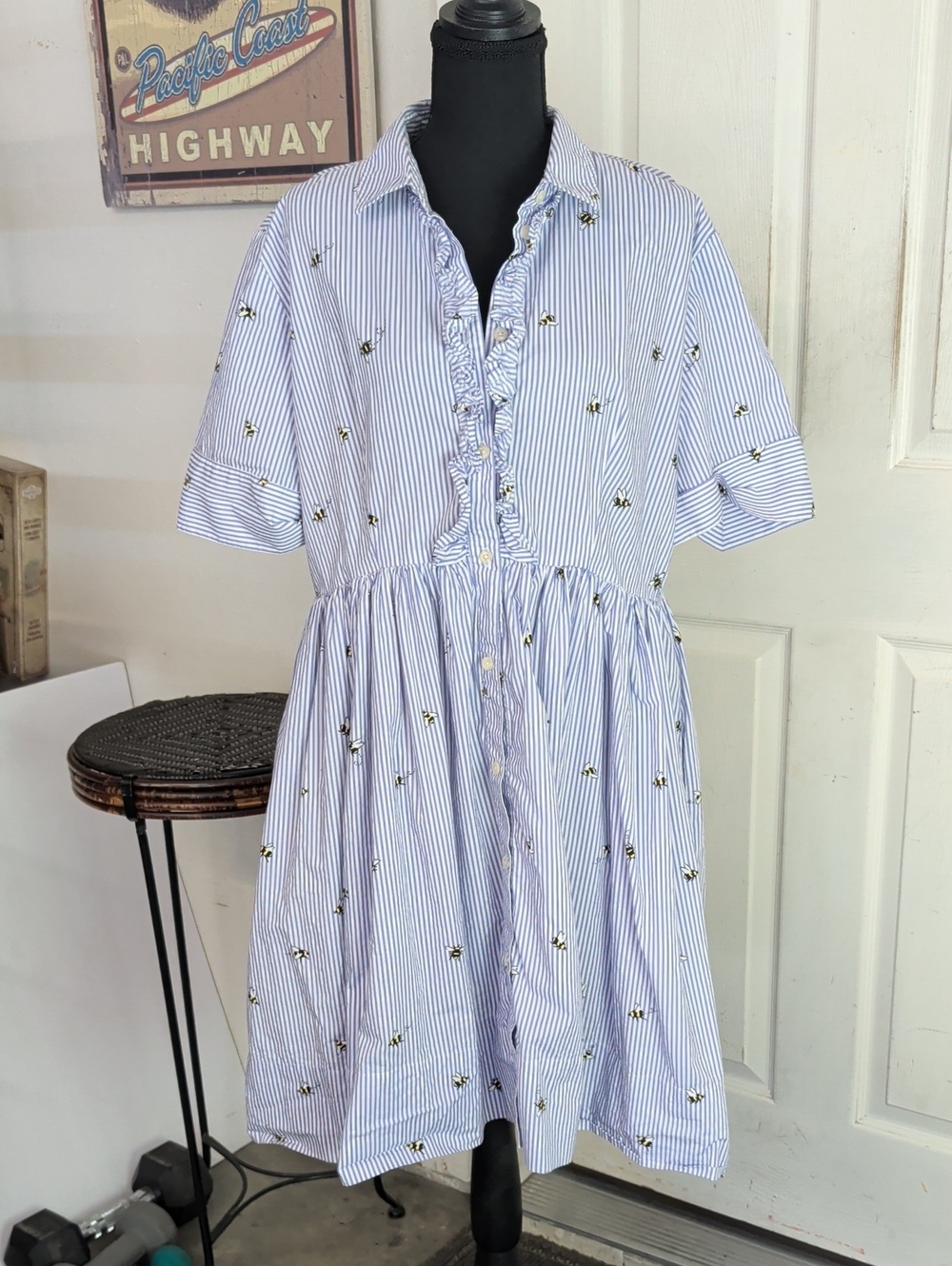 KATE SPADE Abuzz Bumble Bee Poplin Dress Stripe Blue White Ruffled Preppy XL